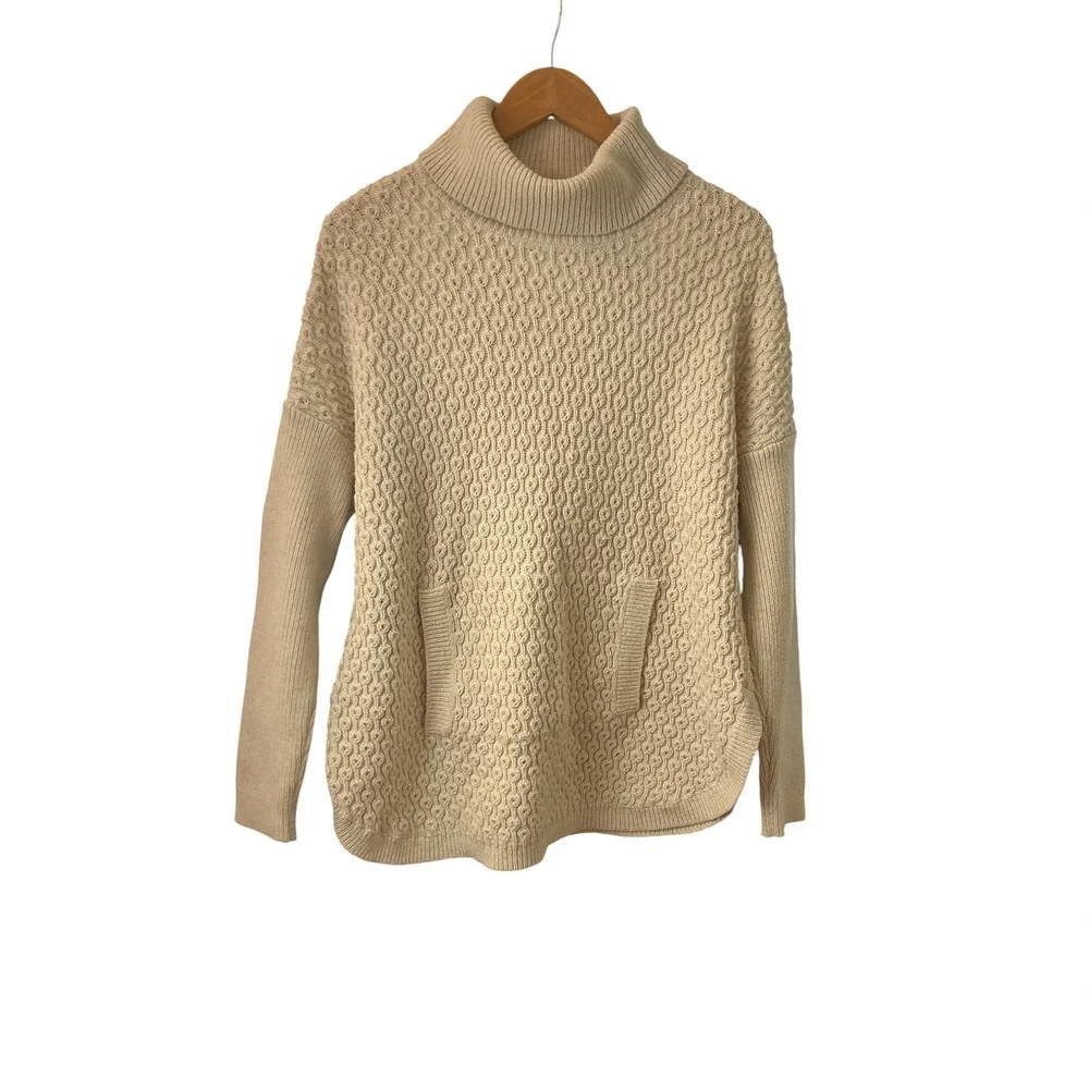 J. Jill Womens Oatmeal Beige Honeycomb Knit Turtleneck Tunic Sweater‎ Pockets S